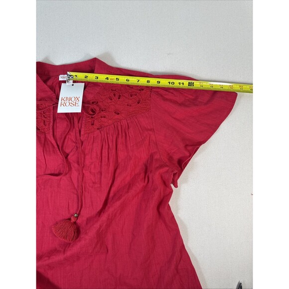 Knox Rose Red Eyelet Boho Tassel Blouse Size Large Flutter Short Sleeve - Picture 7 of 11